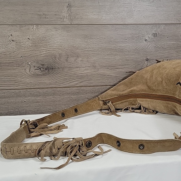 Rapsodia Suede Fringe Hobo Crossbody Shoulder Bag - Tan - Picture 8 of 16